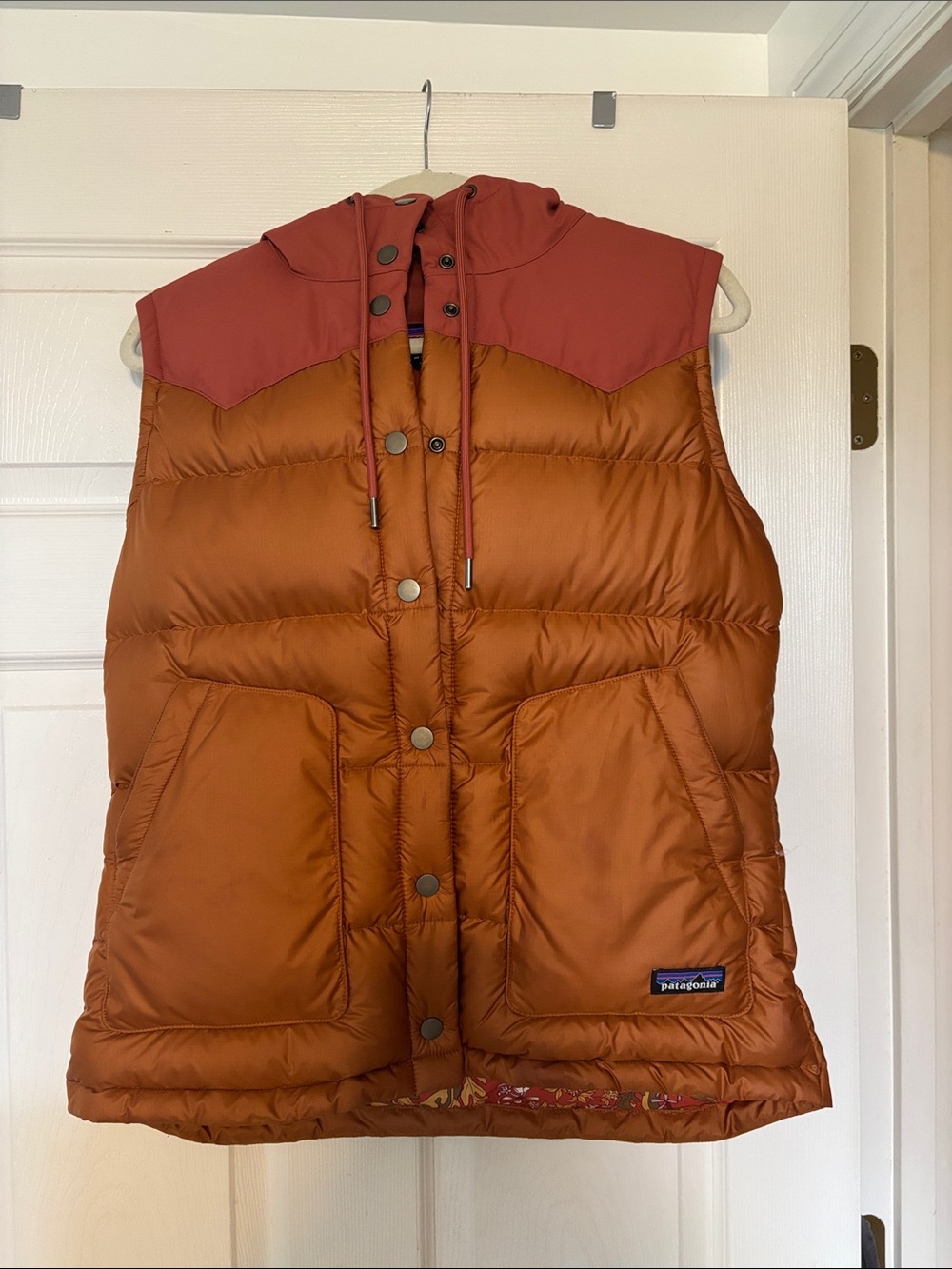 Patagonia Two-Tone Burnt Orange & Terracotta Hooded Puffer Vest